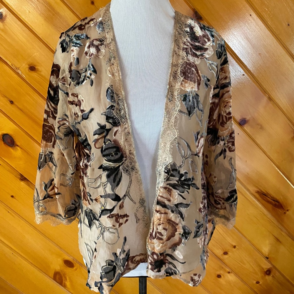 W5 Sheer Boho Velvet Floral Kimono Cardigan Lace Trim Tan Brown Small Festival